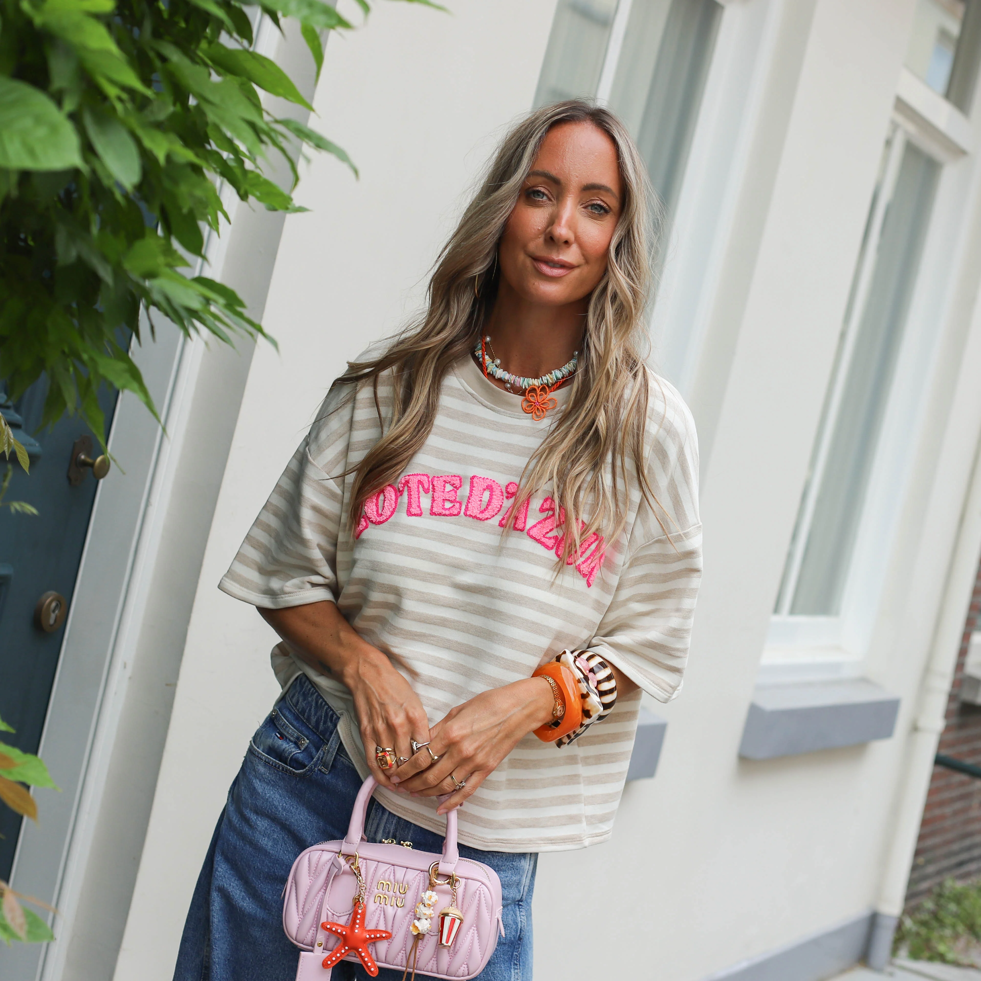 Cote d'azur Streep tee beige wit
