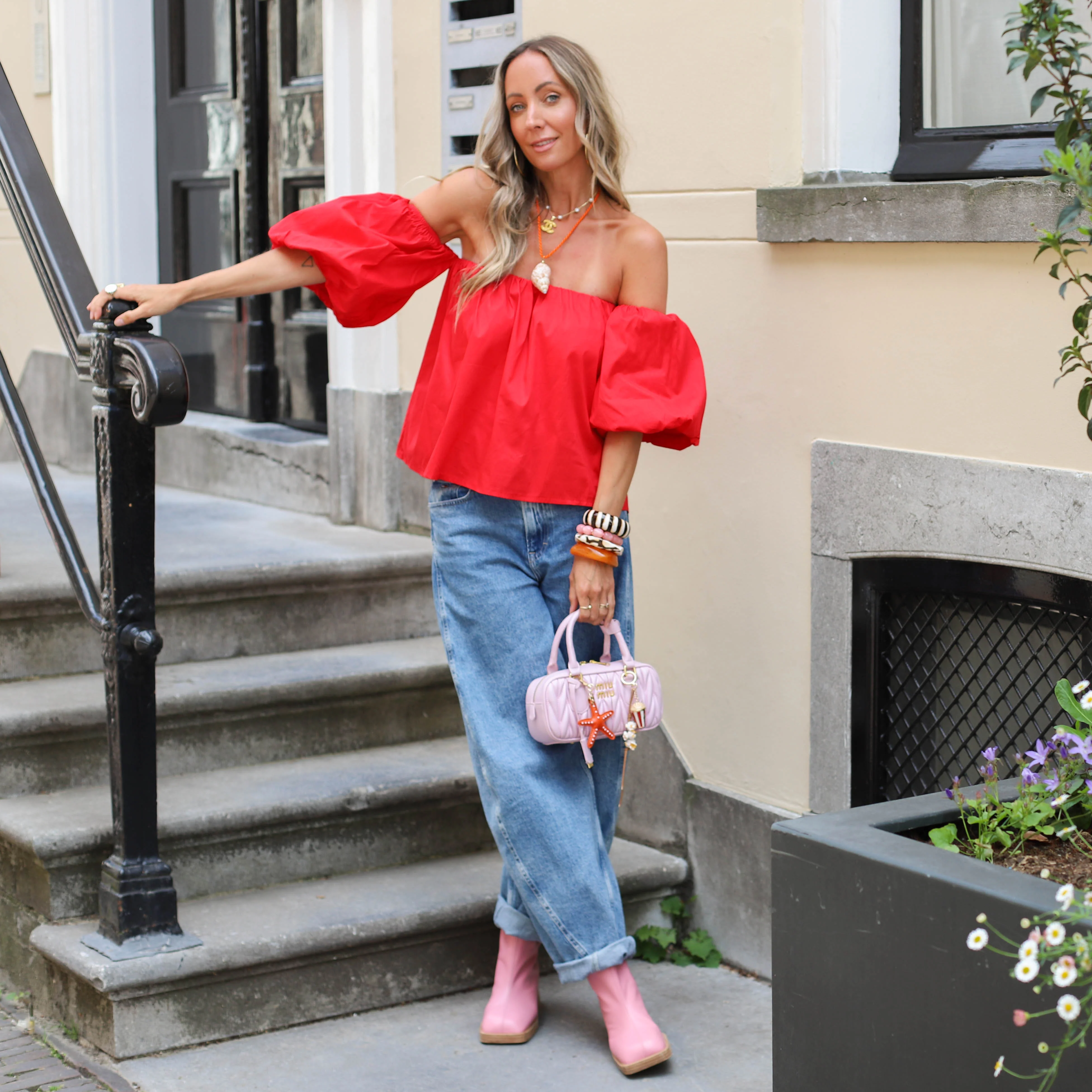 Katoenen off shoulder top rood - Image 2