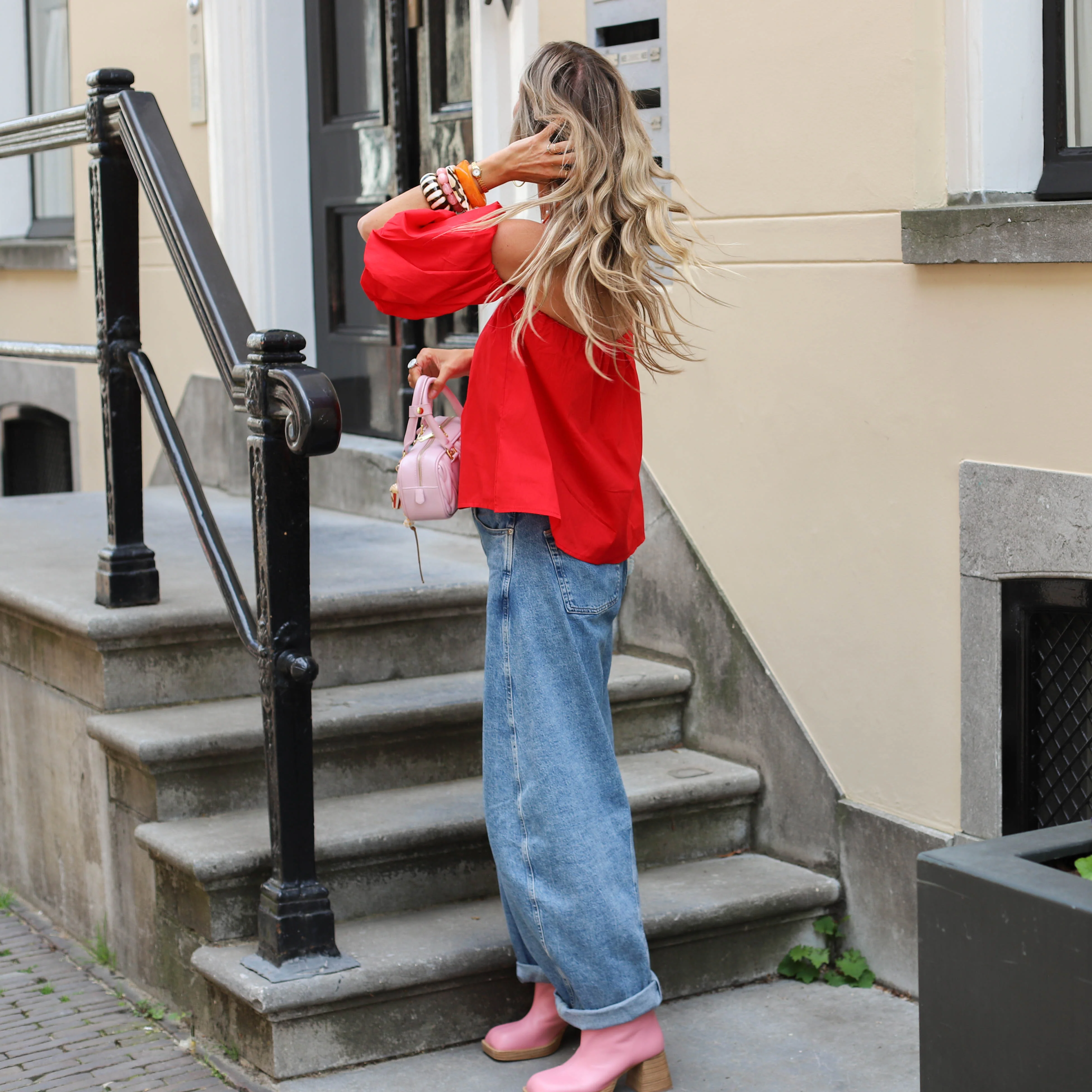 Katoenen off shoulder top rood - Image 3